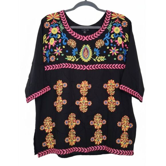 anjili Tops - Women medium Mexican full embroidery blouse huipil el interior jalapa hippie top
